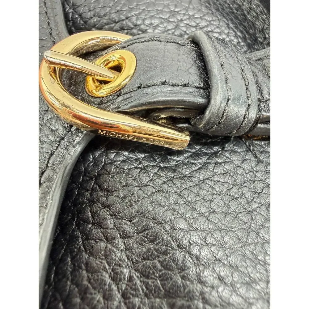 Michael Kors Black Pebbled Leather Backpack Drawstring Flap Pocket Bag Women